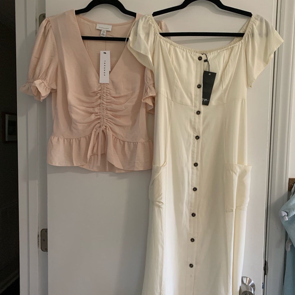 Blush Top (Topshop) AND White Button Down Dress (Nastygal)